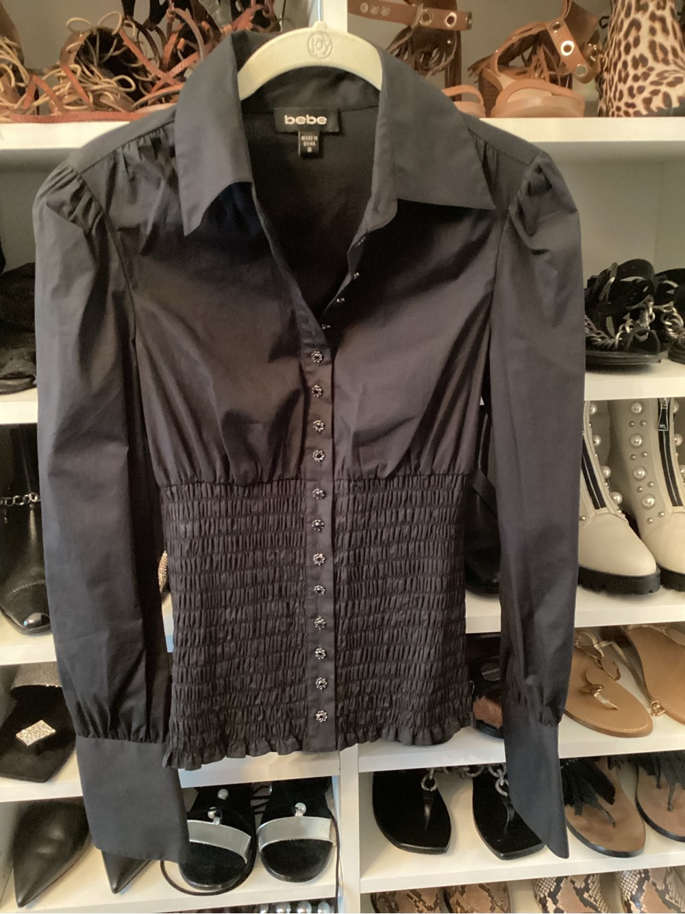 bebe Black Smocked-Waist Button Down Shirt